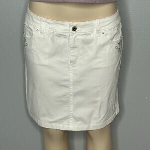 White House Black Market White Denim Skirt Floral Embellished Pockets Size 10